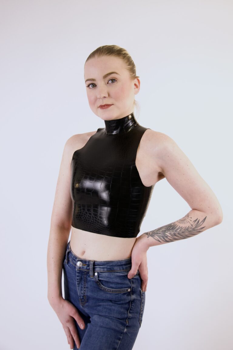 Croc-embossed High Neck Latex Crop Top