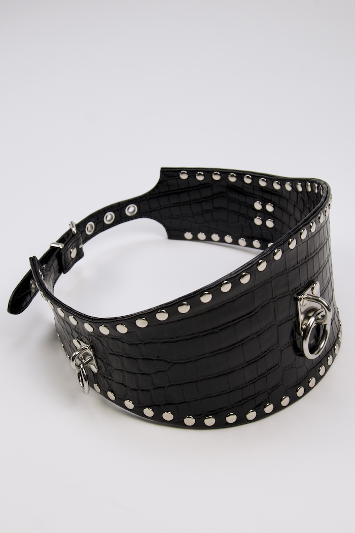 Croc-Embossed Leather Belt with Steel Ring