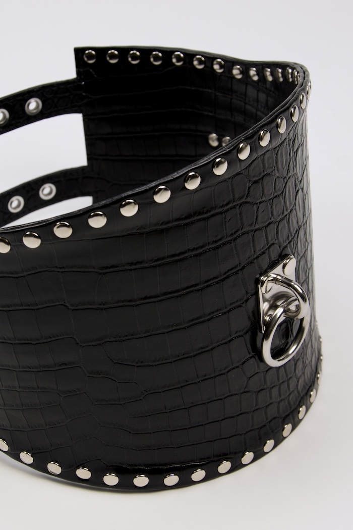 Wide Croc-Embossed Leather Belt with Steel Ring
