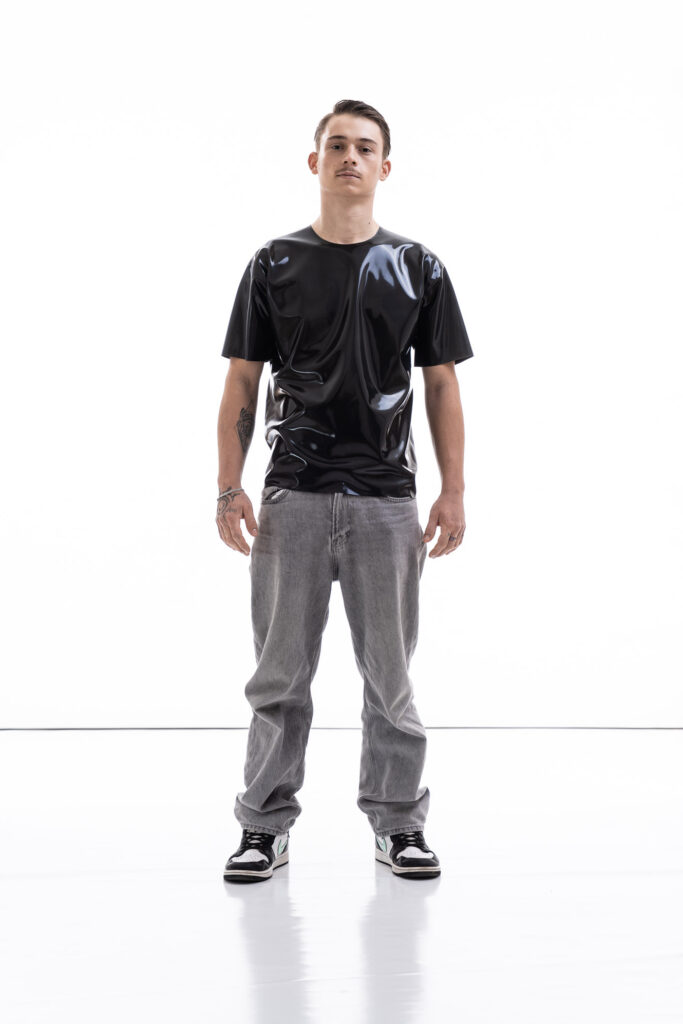 Metallic oversized latex shirt for men with relaxed fit, front view