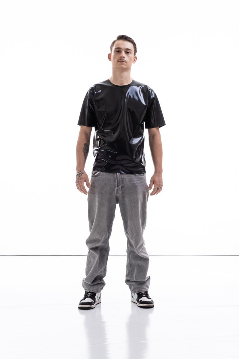 Metallic oversized latex shirt for men with relaxed fit, front view