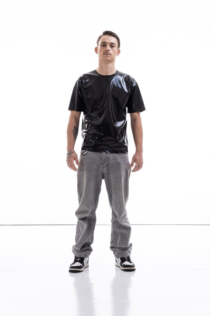 Metallic oversized latex shirt for men with relaxed fit, front view