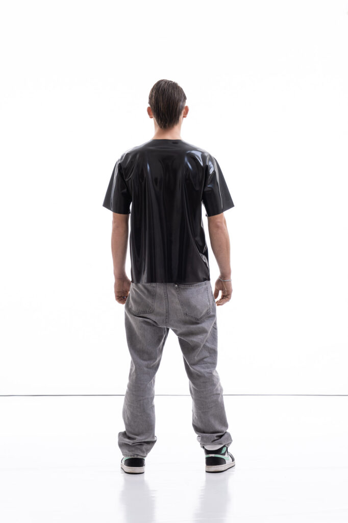 Metallic oversized latex shirt for men with relaxed fit, back view