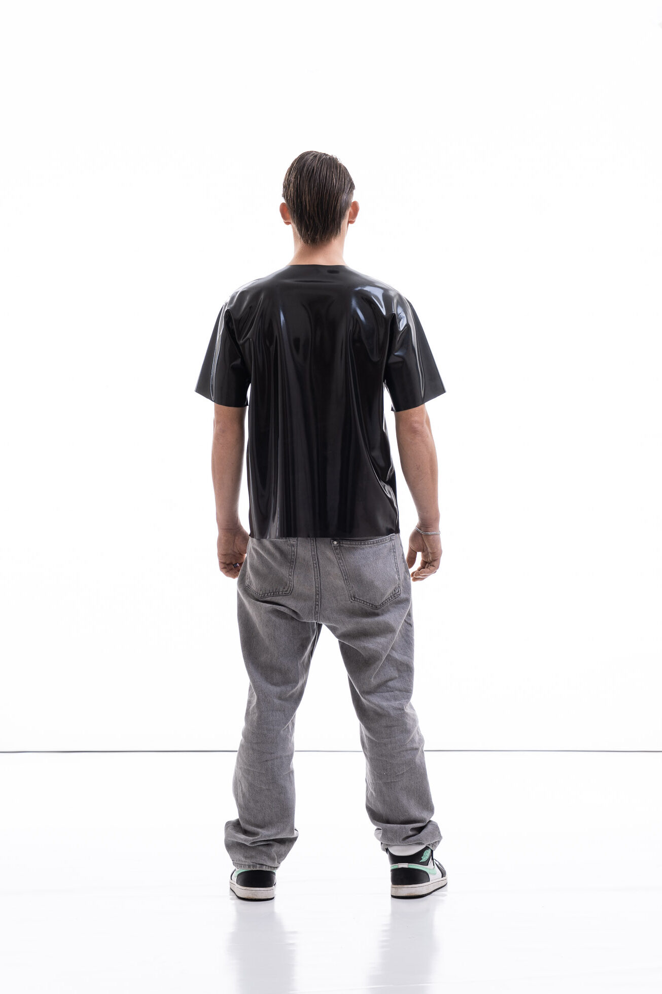 Metallic oversized latex shirt for men with relaxed fit, back view