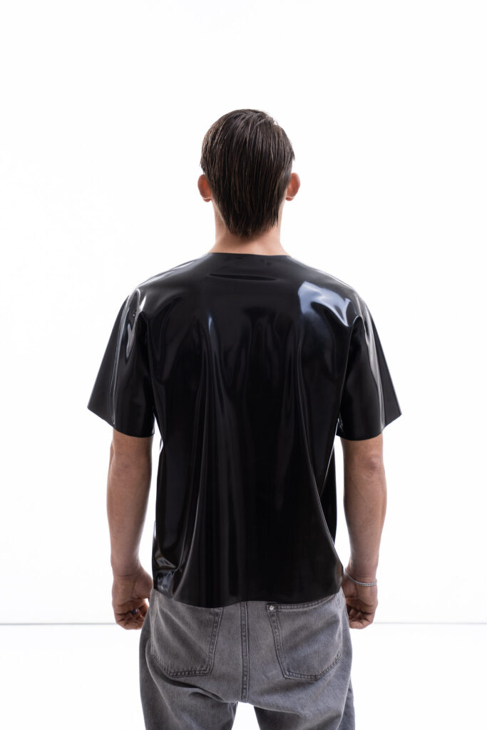 Metallic oversized latex shirt for men with relaxed fit, back detail view