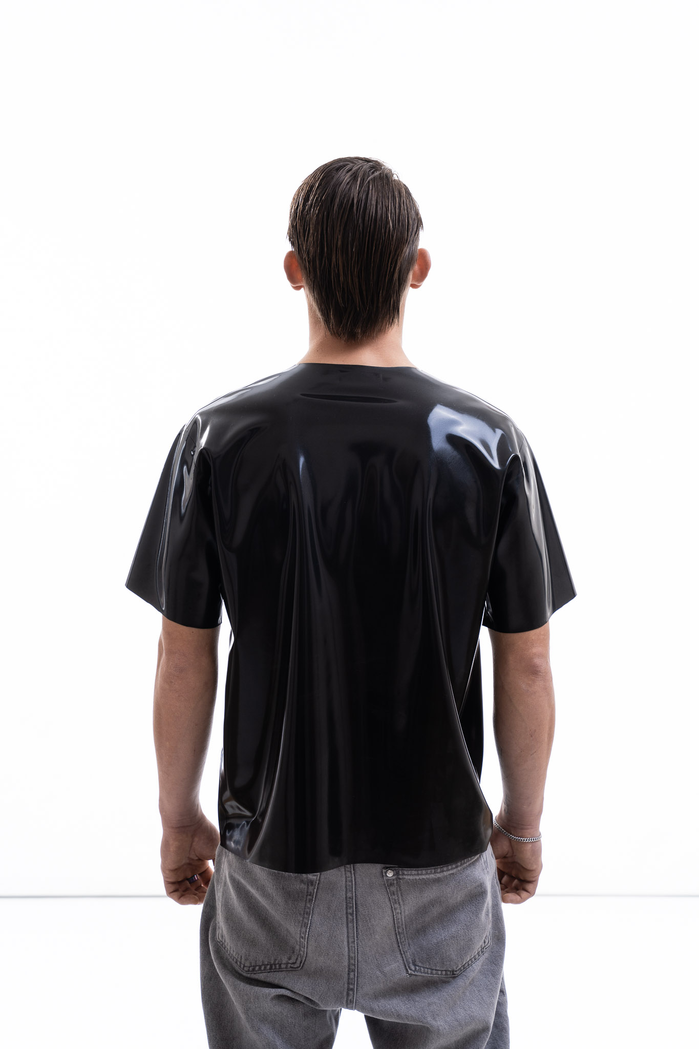 Metallic oversized latex shirt for men with relaxed fit, back detail view