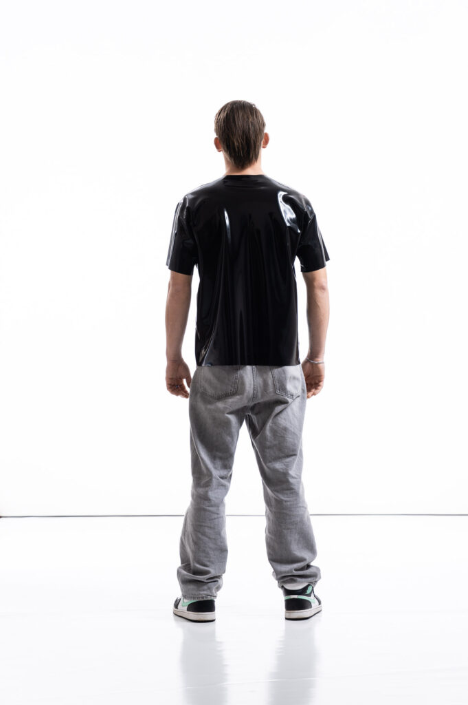 Black latex oversized shirt for men with relaxed silhouette, back view