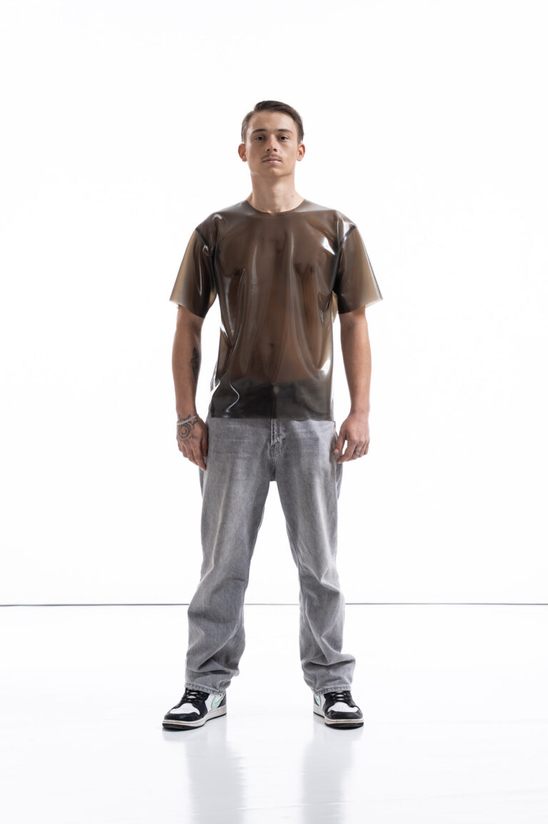 Smoky black latex oversized shirt for men with relaxed silhouette, front view