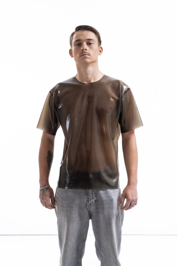 Smoky black latex oversized shirt for men with relaxed silhouette, front detail view