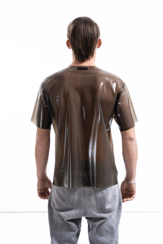 Smoky black latex oversized shirt for men with relaxed silhouette, back detail view