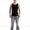 Black latex tank top for men with relaxed silhouette, front detail view