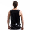 Black latex tank top for men with relaxed silhouette, back detail view