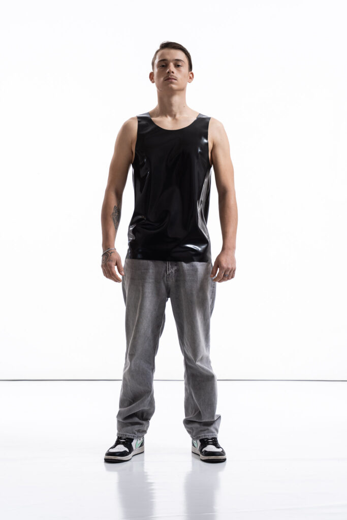 ardore metallic latex tank top for men with clean fitted silhouette, front view