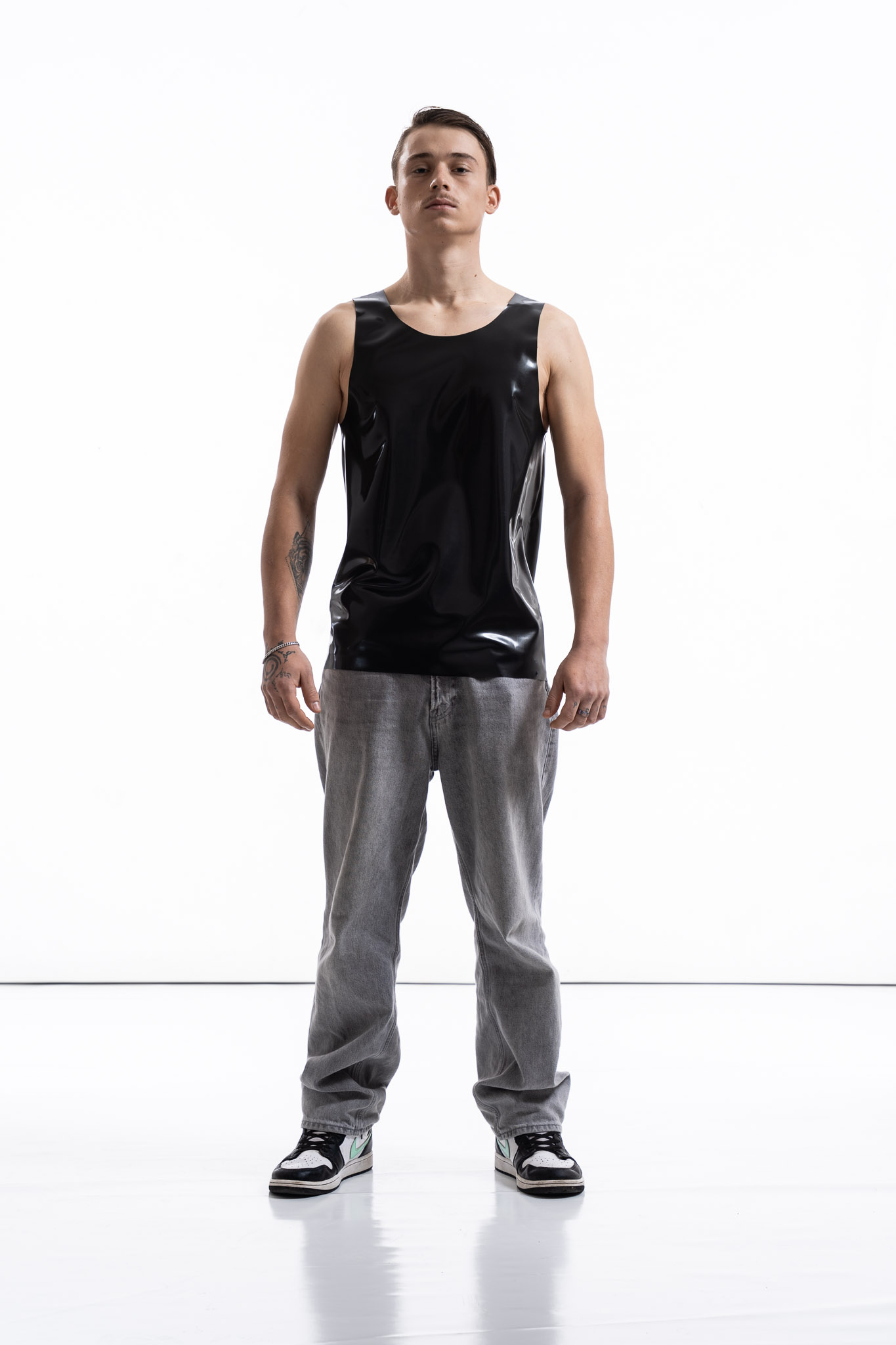 ardore metallic latex tank top for men with clean fitted silhouette, front view
