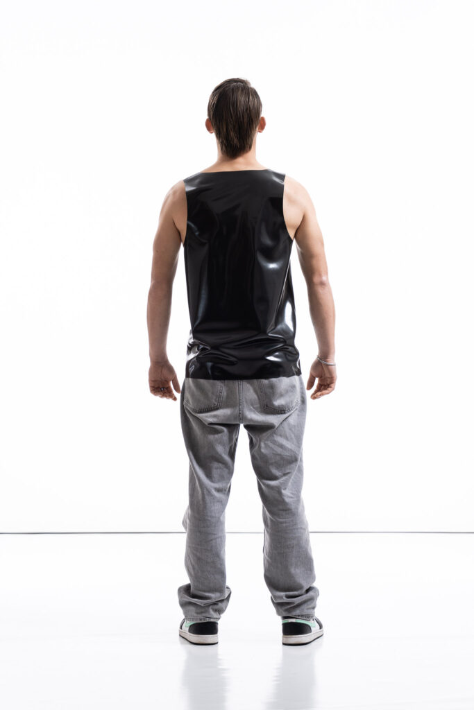 ardore metallic latex tank top for men with clean fitted silhouette, back view
