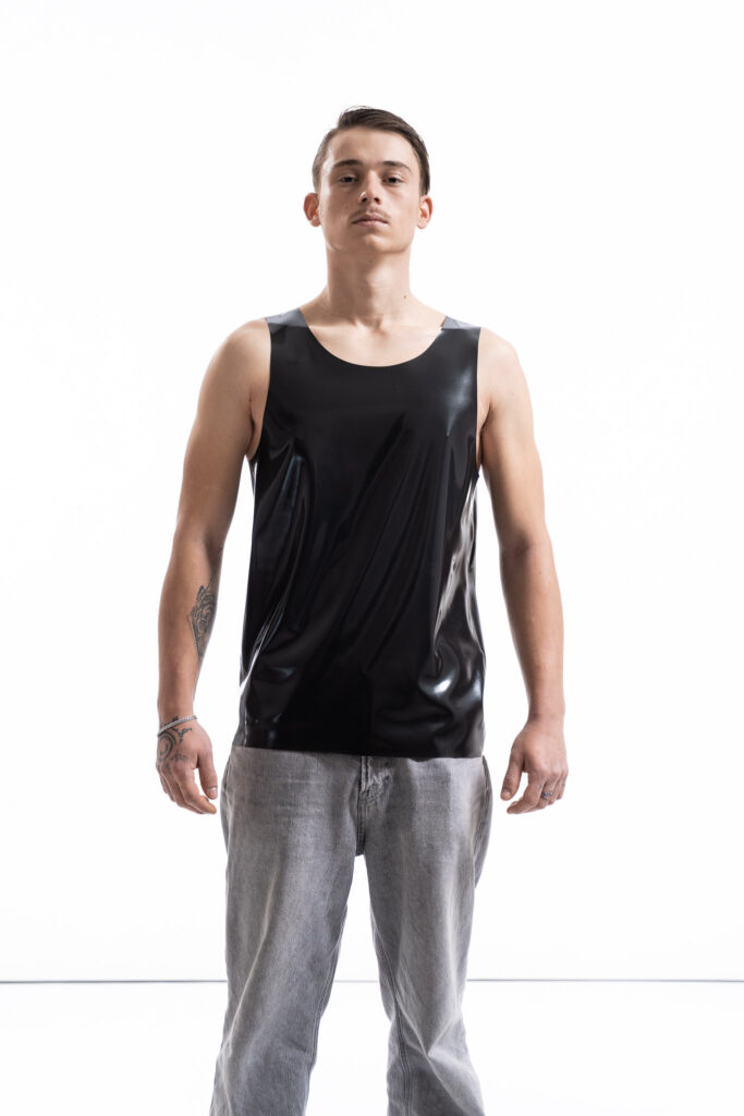 ardore metallic latex tank top for men with clean fitted silhouette, front detail view