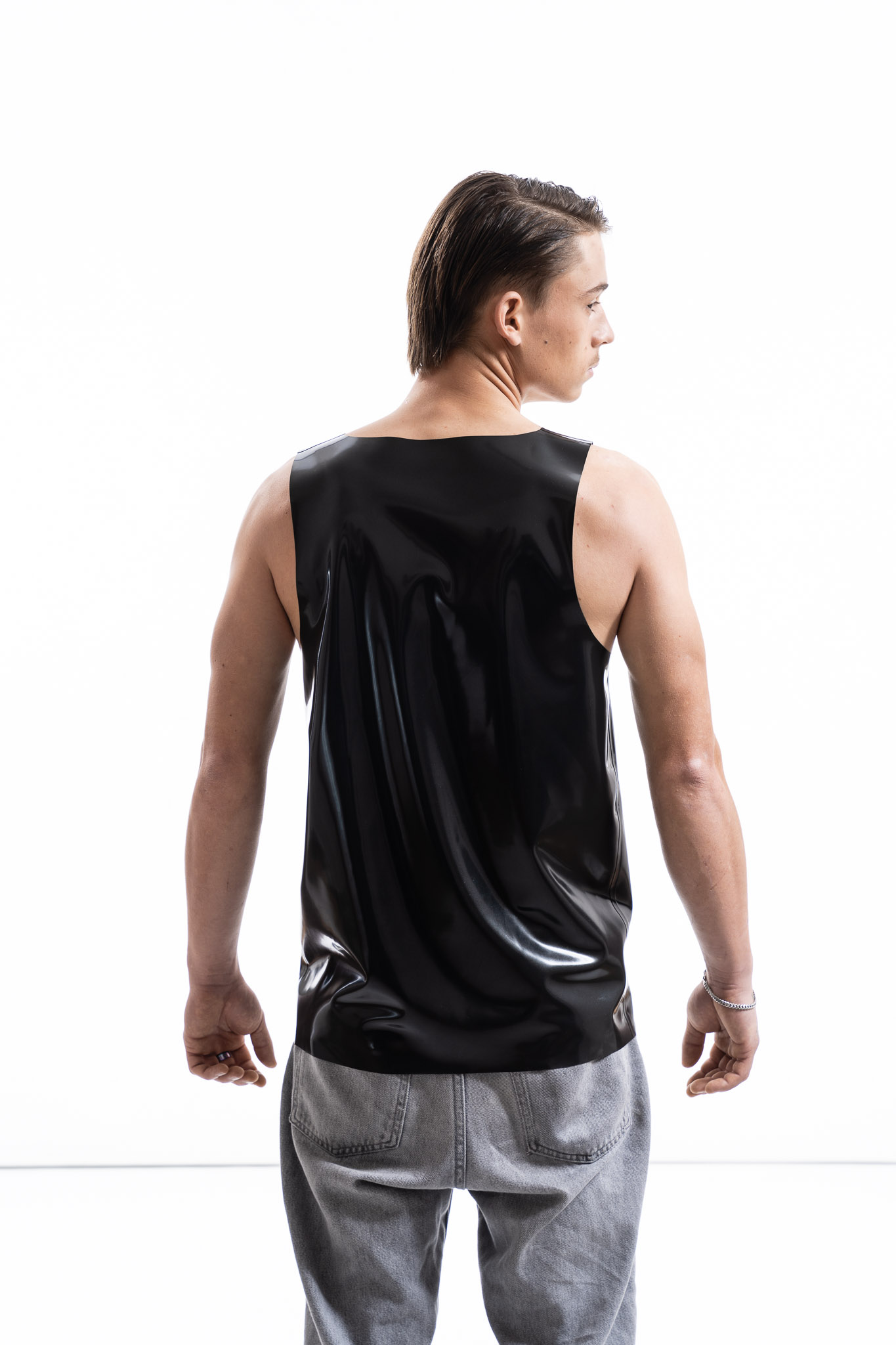 ardore metallic latex tank top for men with clean fitted silhouette, back detail view