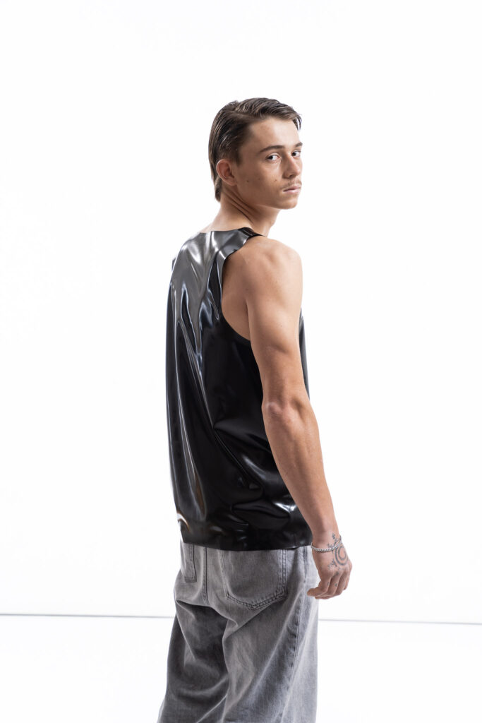 ardore metallic latex tank top for men with clean fitted silhouette, side detail view