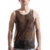 Smoky black latex tank top for men with clean fitted silhouette, front detail view