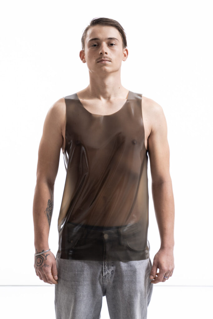 Smoky black latex tank top for men with clean fitted silhouette, front detail view