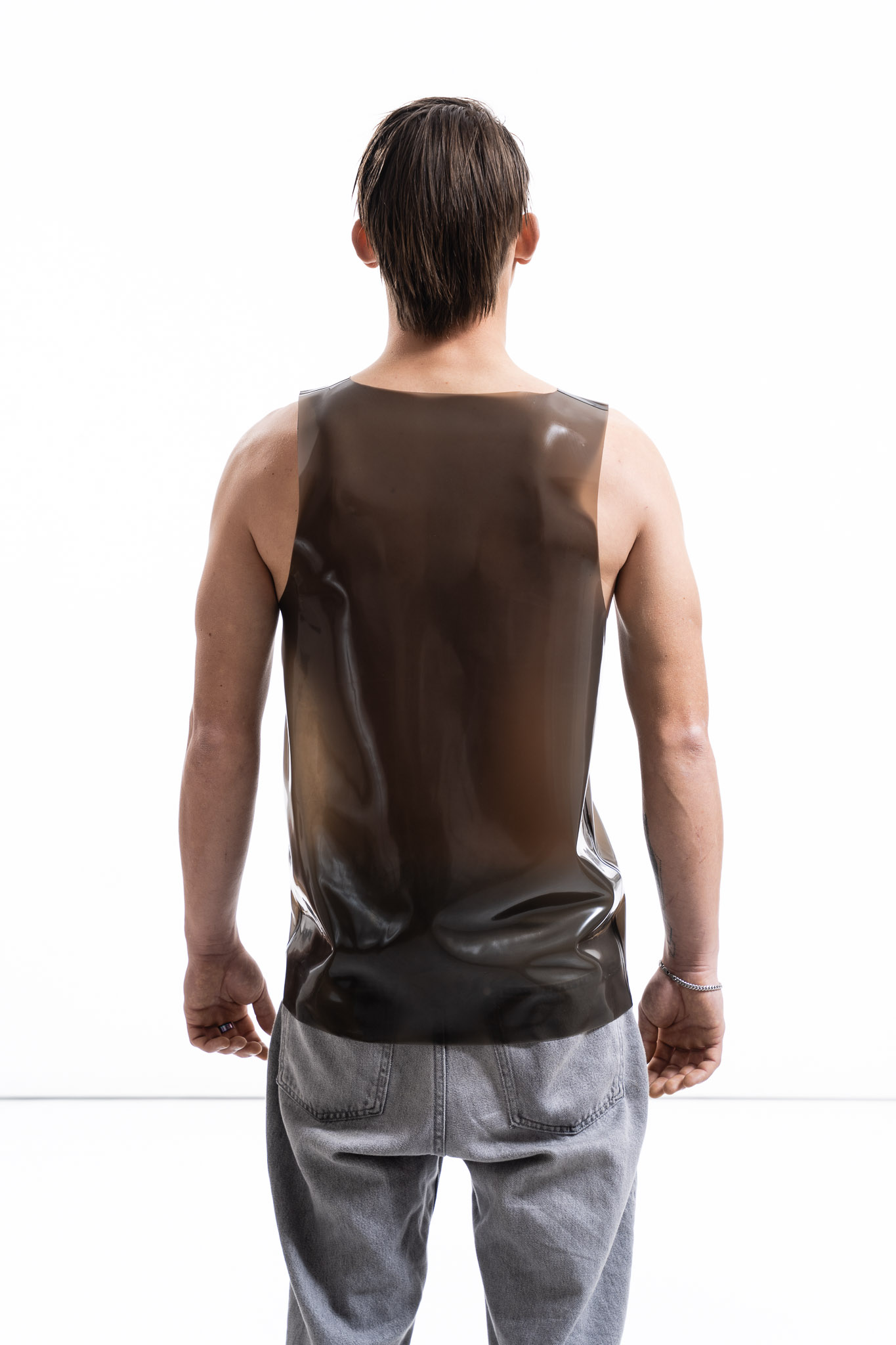 Smoky black latex tank top for men with clean fitted silhouette, back detail view