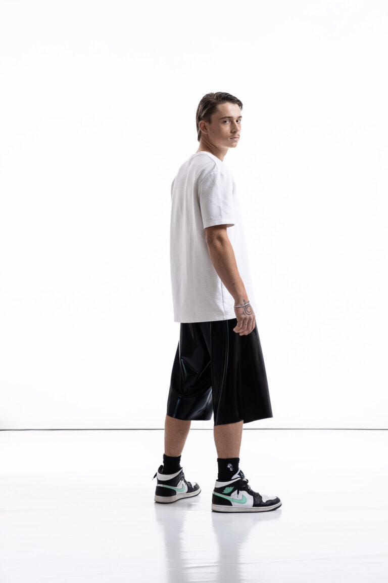 Wide-Leg Latex Shorts