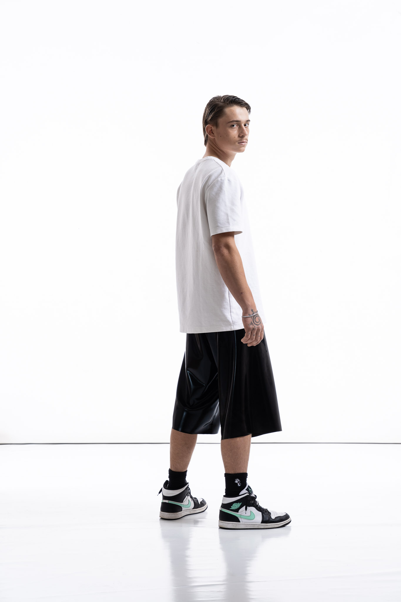 Wide-Leg Latex Shorts