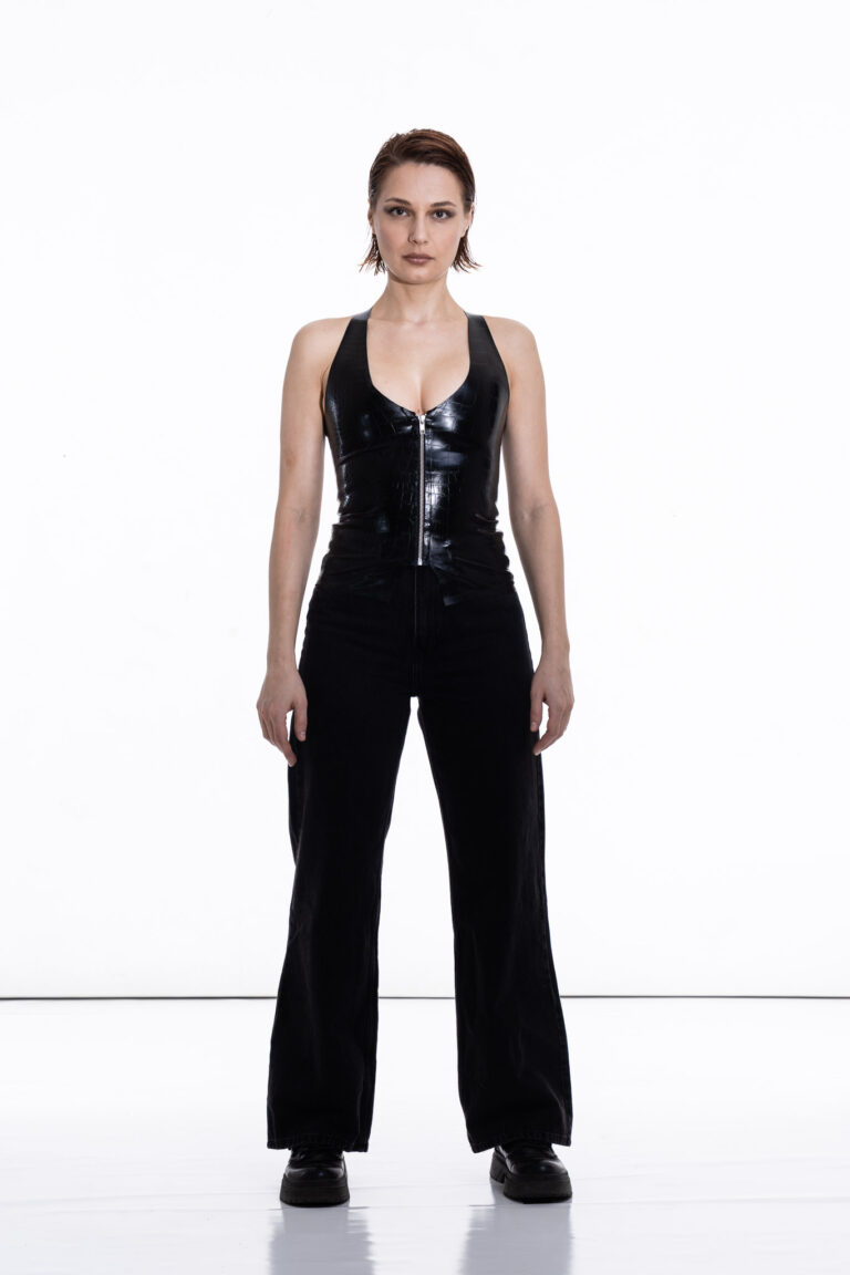 Croc-Embossed Neckholder Top with front zip