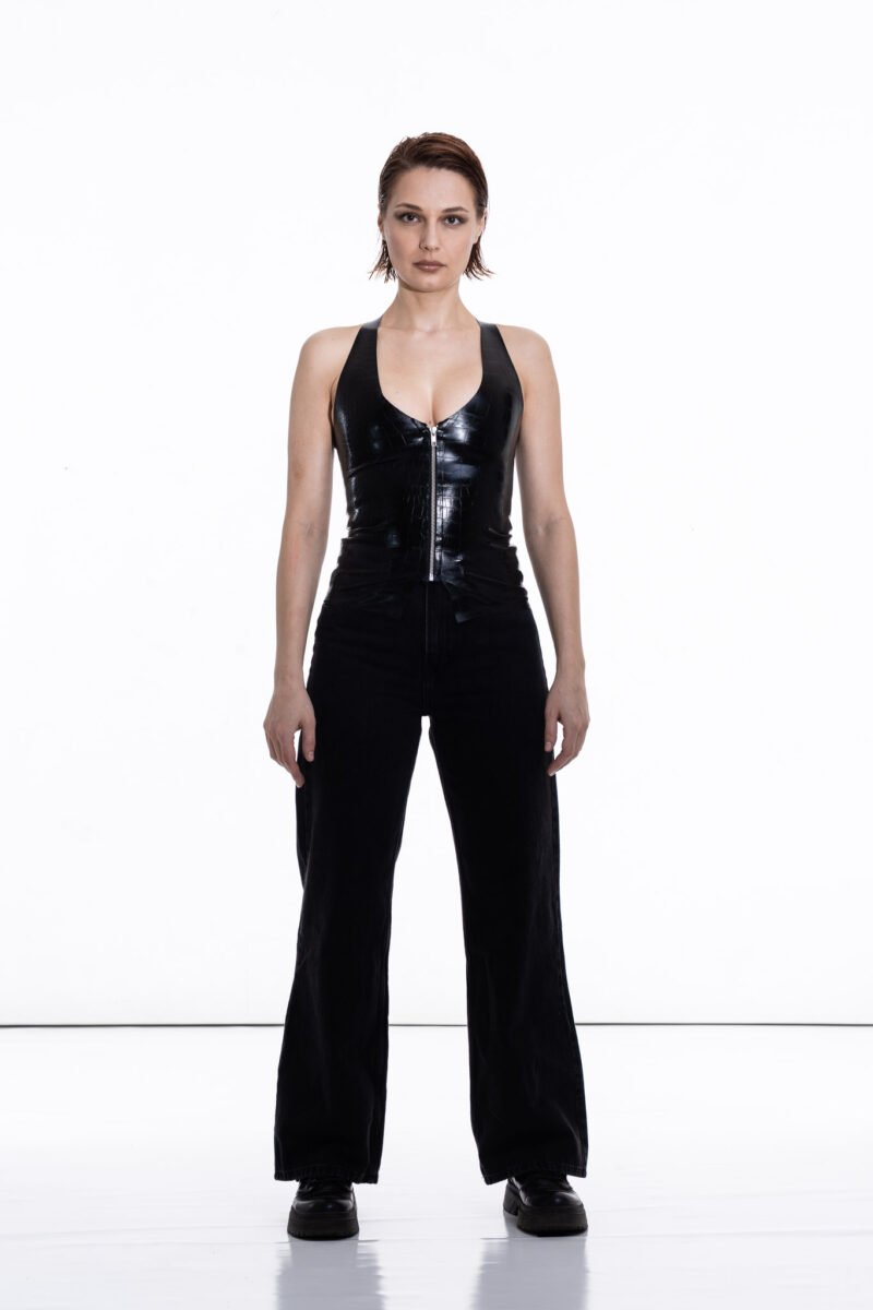 Croc-Embossed Neckholder Top with front zip